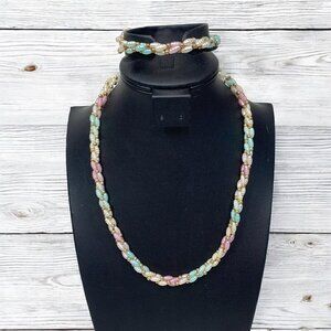 Genuine Pearl Necklace & Bracelet Set Pastel Colors Double Helix Gold Beads 18"L